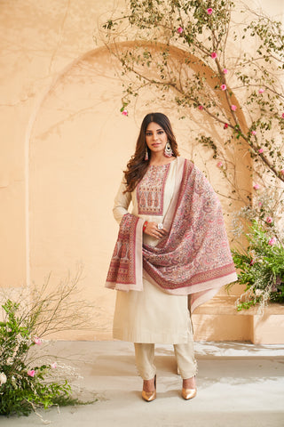 Cream Embroidered Roman Silk Kurta Set