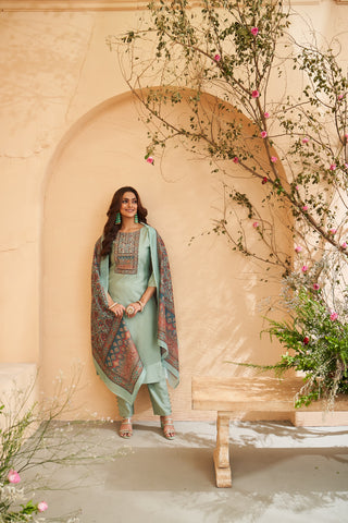 Green Embroidered Roman Silk Kurta Set