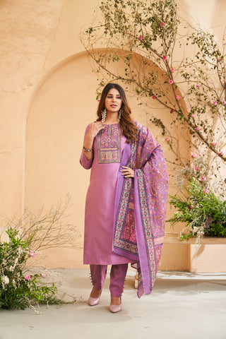 Purple Floral Geometric Embroidered Set