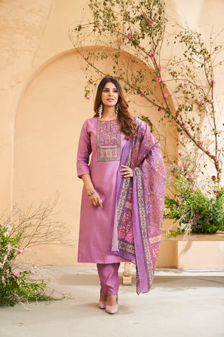 Purple Floral Geometric Embroidered Set