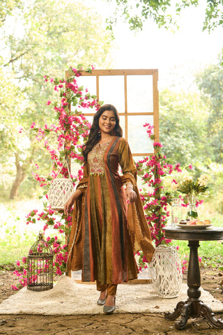 Multi Colour Silk Flared Kurta Set with Dupatta