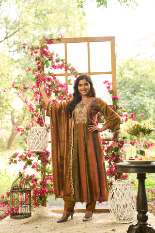Multi Colour Silk Flared Kurta Set with Dupatta