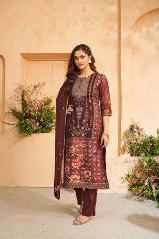 Maroon Jacquard Embroidered Floral Kurta Set