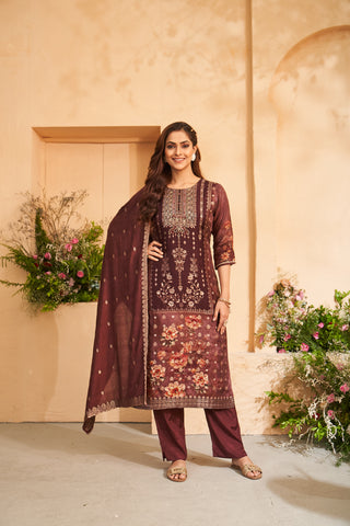 Maroon Jacquard Embroidered Floral Kurta Set