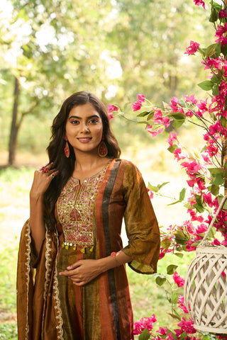 Multi Colour Silk Flared Kurta Set with Dupatta