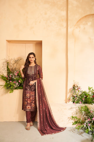 Maroon Jacquard Embroidered Floral Kurta Set