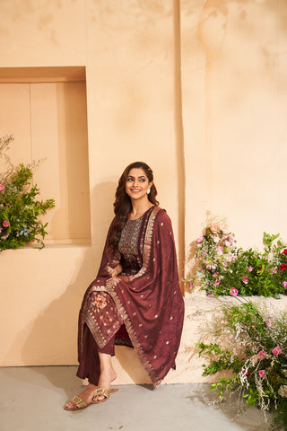 Maroon Jacquard Embroidered Floral Kurta Set