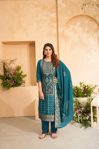 Deep Teal Jacquard Embroidered Kurta Set.