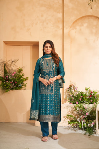 Deep Teal Jacquard Embroidered Kurta Set.