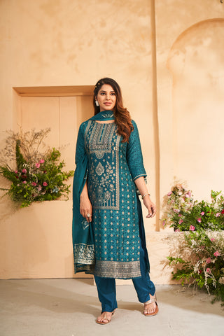 Deep Teal Jacquard Embroidered Kurta Set.