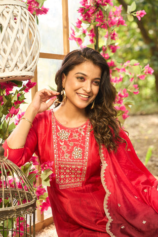 Red Silk Kurta Set with Matching Dupatta