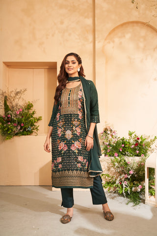 Dark Green Jacquard Embroidered Floral Kurta Set