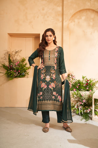 Dark Green Jacquard Embroidered Floral Kurta Set