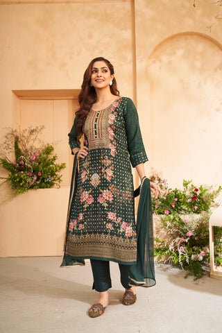 Dark Green Jacquard Embroidered Floral Kurta Set