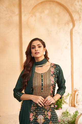 Dark Green Jacquard Embroidered Floral Kurta Set