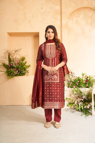 Maroon Jacquard Embroidered Kurta Set