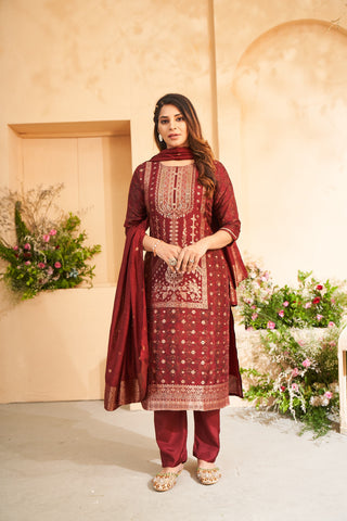 Maroon Jacquard Embroidered Kurta Set