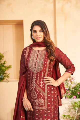 Maroon Jacquard Embroidered Kurta Set