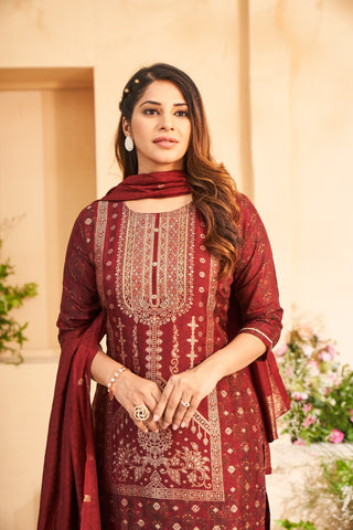 Maroon Jacquard Embroidered Kurta Set