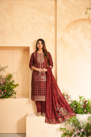 Maroon Jacquard Embroidered Kurta Set