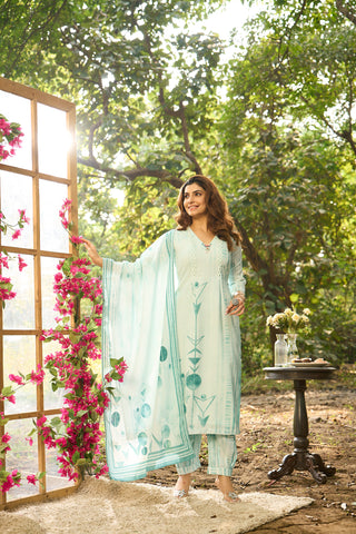 Light Blue Cotton Kurta Set with Matching Dupatta