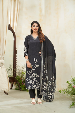 Black Geometric print with Embroidered Neckline Floral Kurta Set