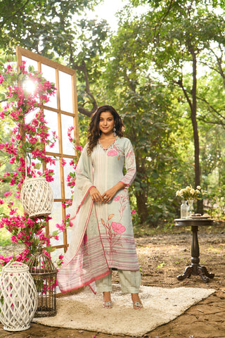 Light Green Cotton Kurta Set with Pink Floral Print