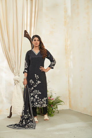 Black Geometric print with Embroidered Neckline Floral Kurta Set