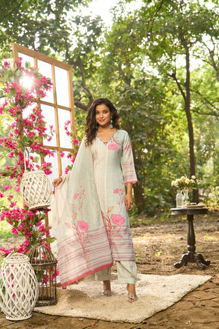 Light Green Cotton Kurta Set with Pink Floral Print