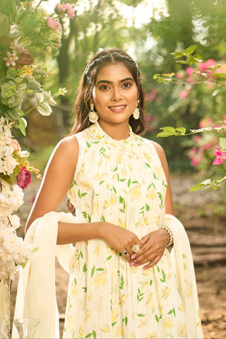 Cream Mul Cotton Kurta Set with Yellow and Green Floral Prints