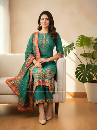 Green Embroidered Kurta Set with Printed Dupatta