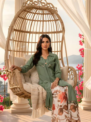 Green Long Kurta with Printed Palazzo set