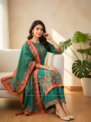 Green Embroidered Kurta Set with Printed Dupatta